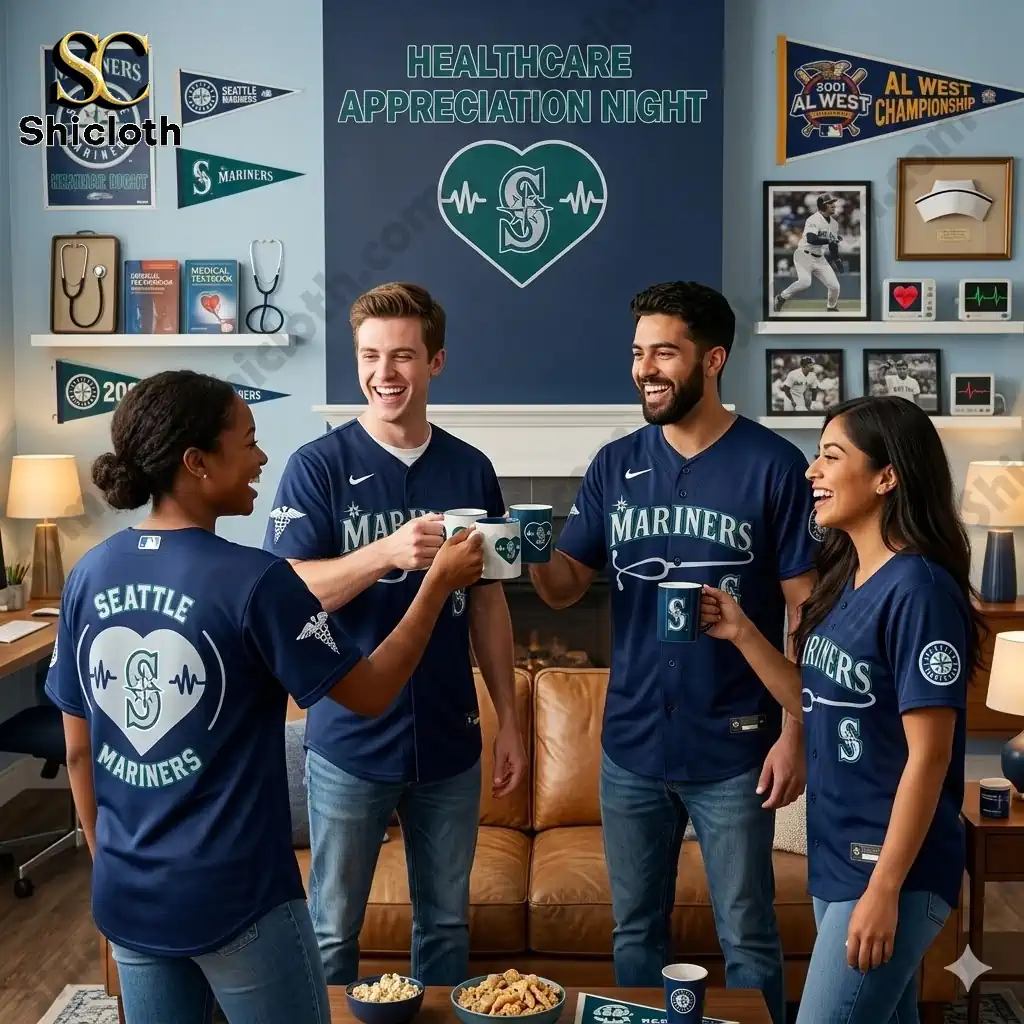 Four people wearing Seattle Mariners Healthcare Appreciation Night jerseys holding mugs in a baseball themed living room