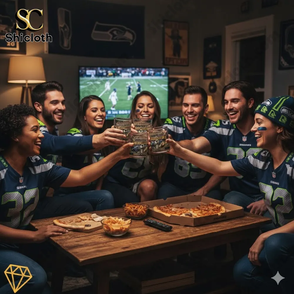 Group of Seattle Seahawks fans cheering with drinks at home