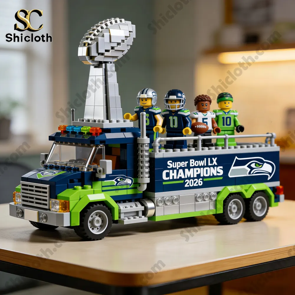 LEGO parade truck with Seattle Seahawks minifigures and Super Bowl LX Champions 2026 sign!
