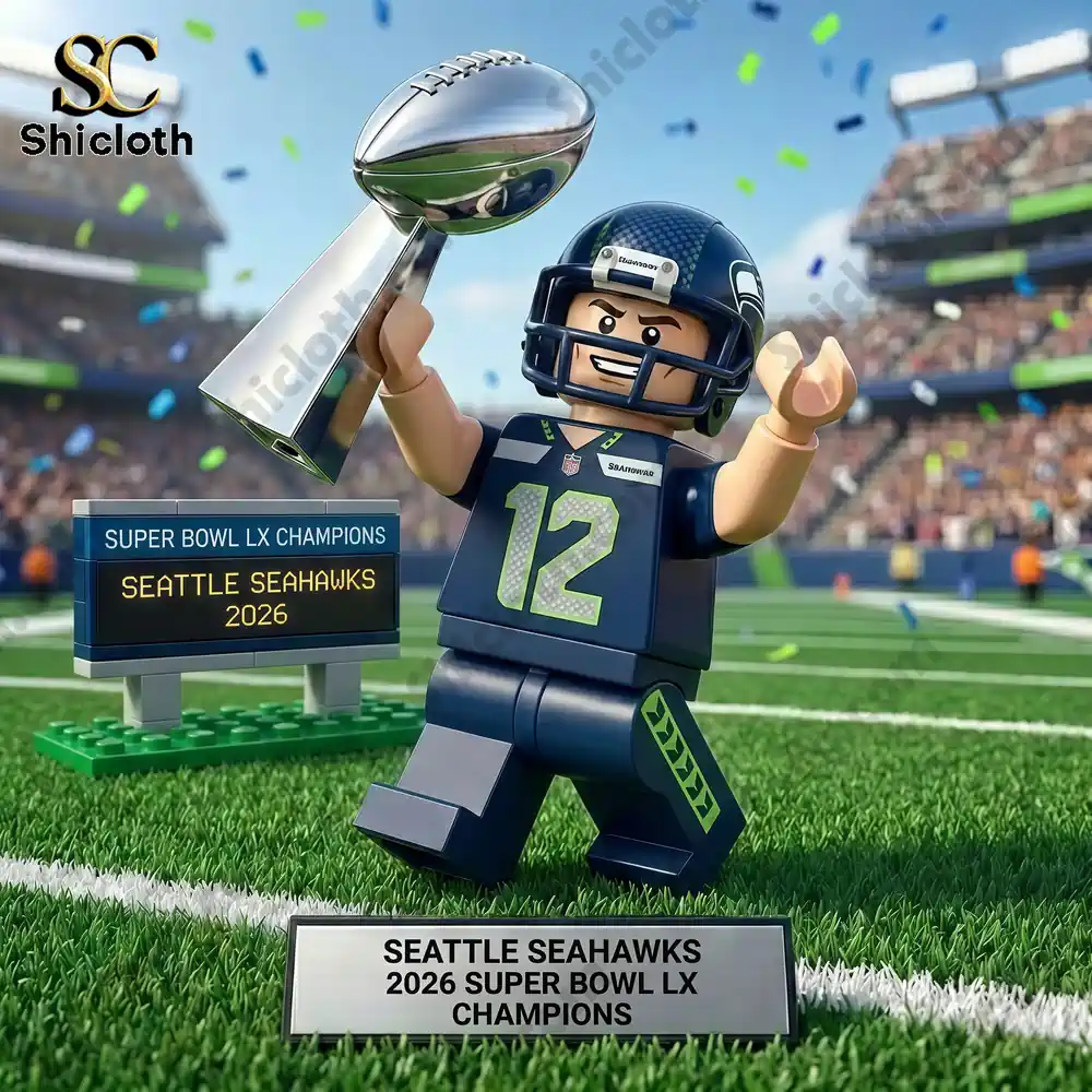 Seattle Seahawks minifigure holding a silver trophy on a football field with confetti.