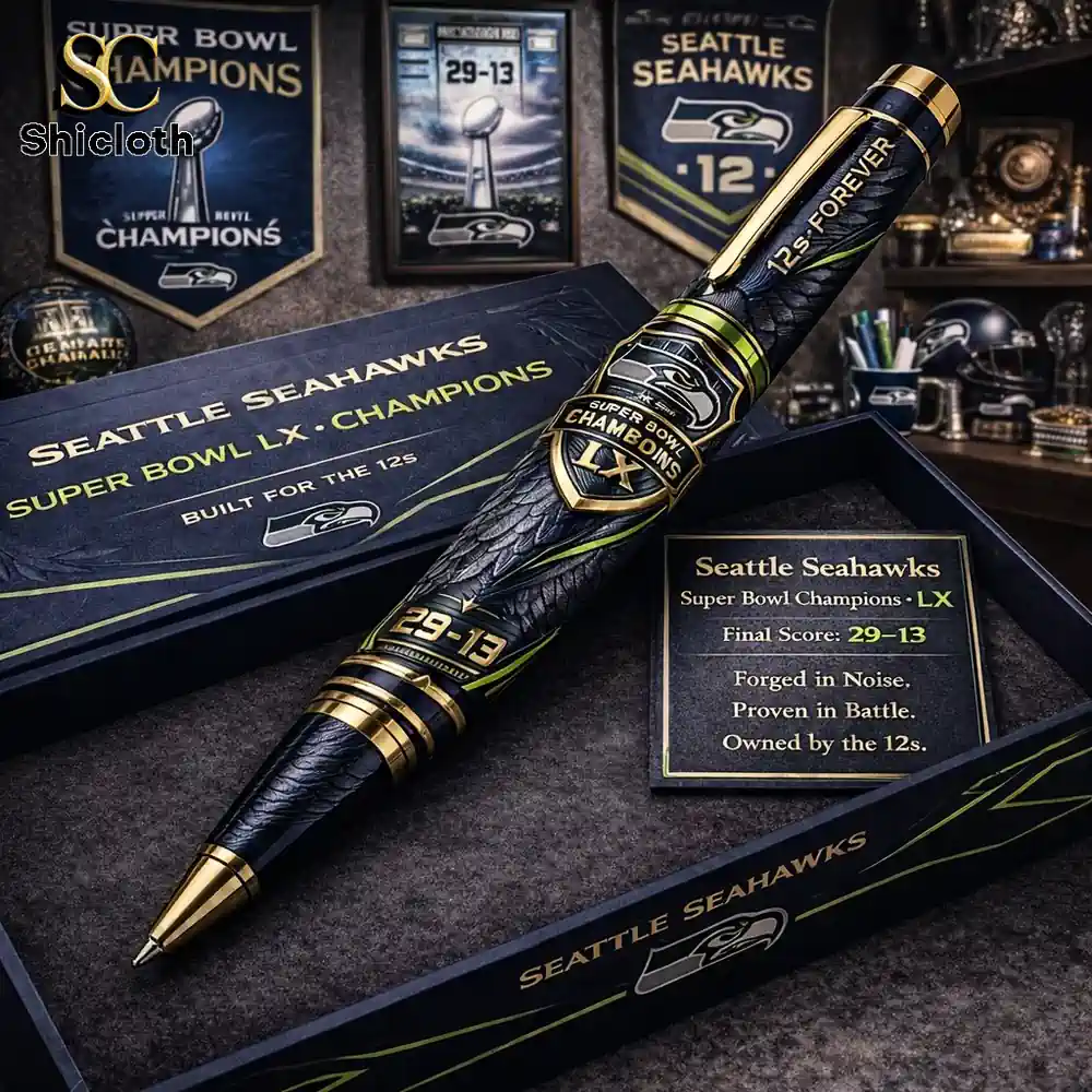 Seattle Seahawks Super Bowl LX Champions pen set displayed with fan memorabilia background!