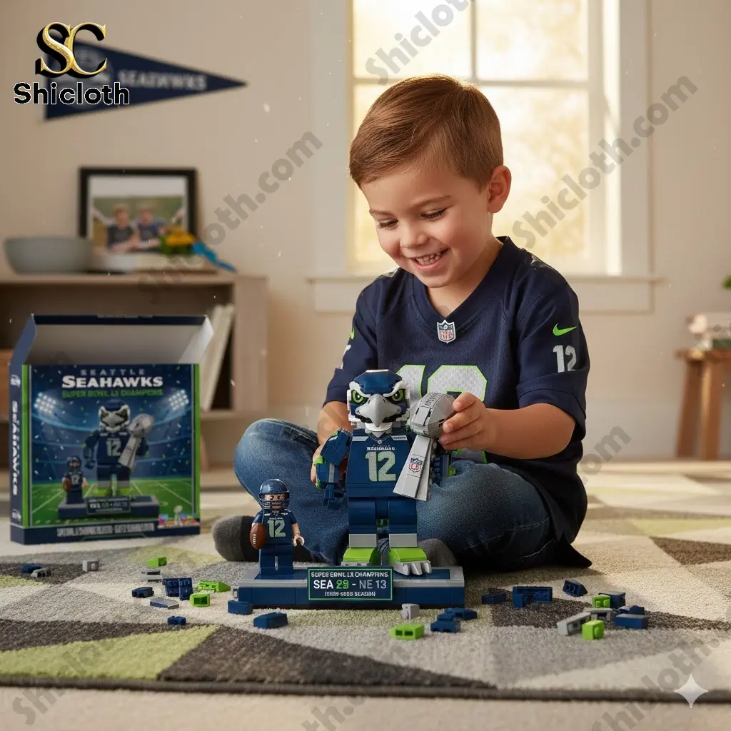 Child playing with Seattle Seahawks brick mascot trophy display set.