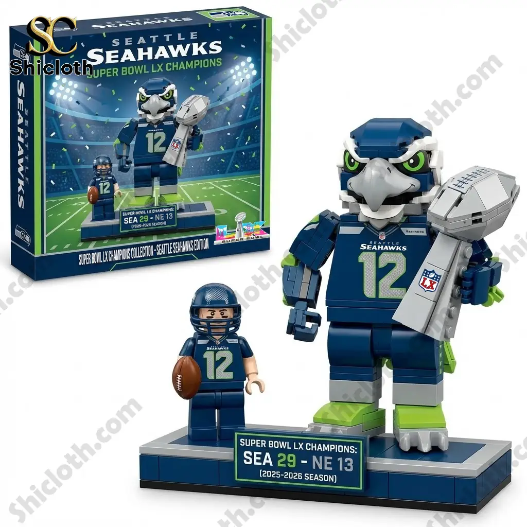 Seattle Seahawks brick mascot trophy set with box on white background.