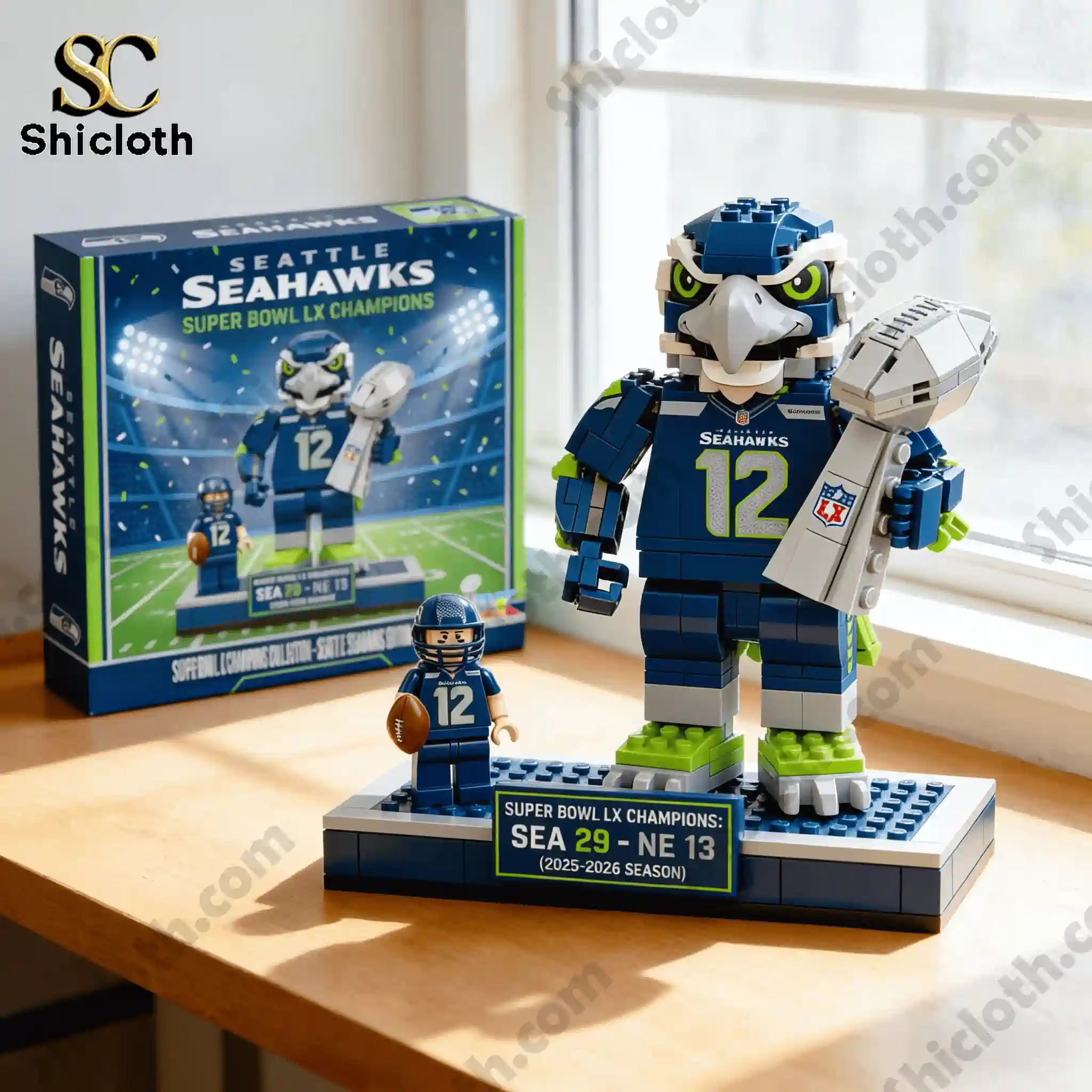 Seattle Seahawks Blitz Super Bowl Champions 2026 Brick Set 3 Seattle Seahawks brick trophy mascot set displayed on table with box.