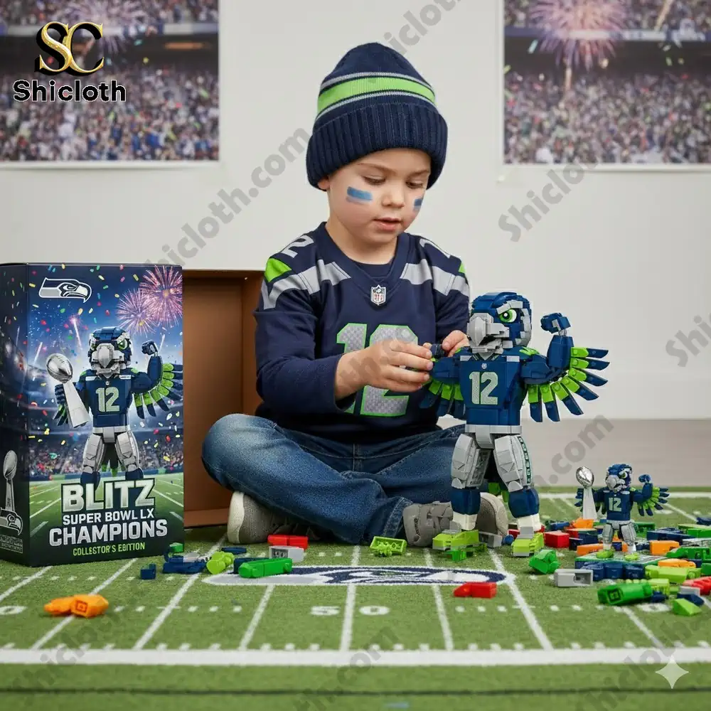 A child building a Seattle Seahawks Blitz brick figure on a football field play mat!
