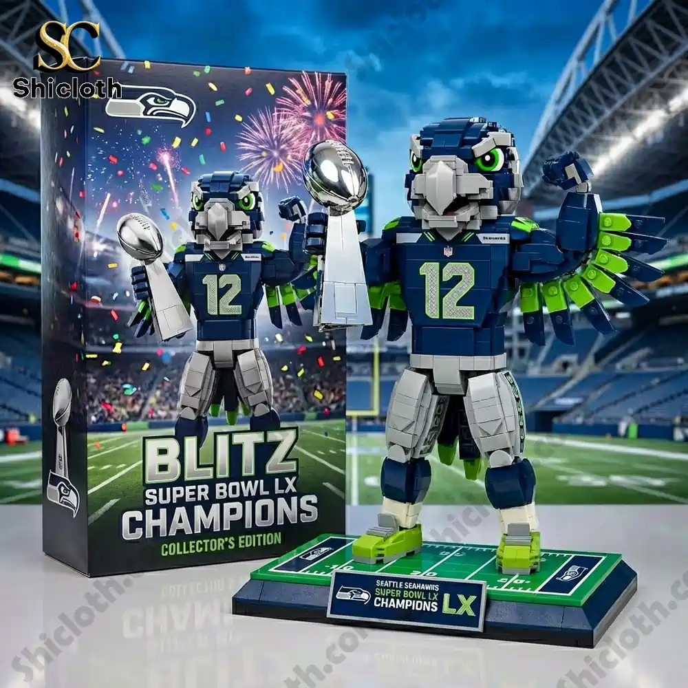 Seattle Seahawks Blitz brick figure holding a trophy beside the product box!