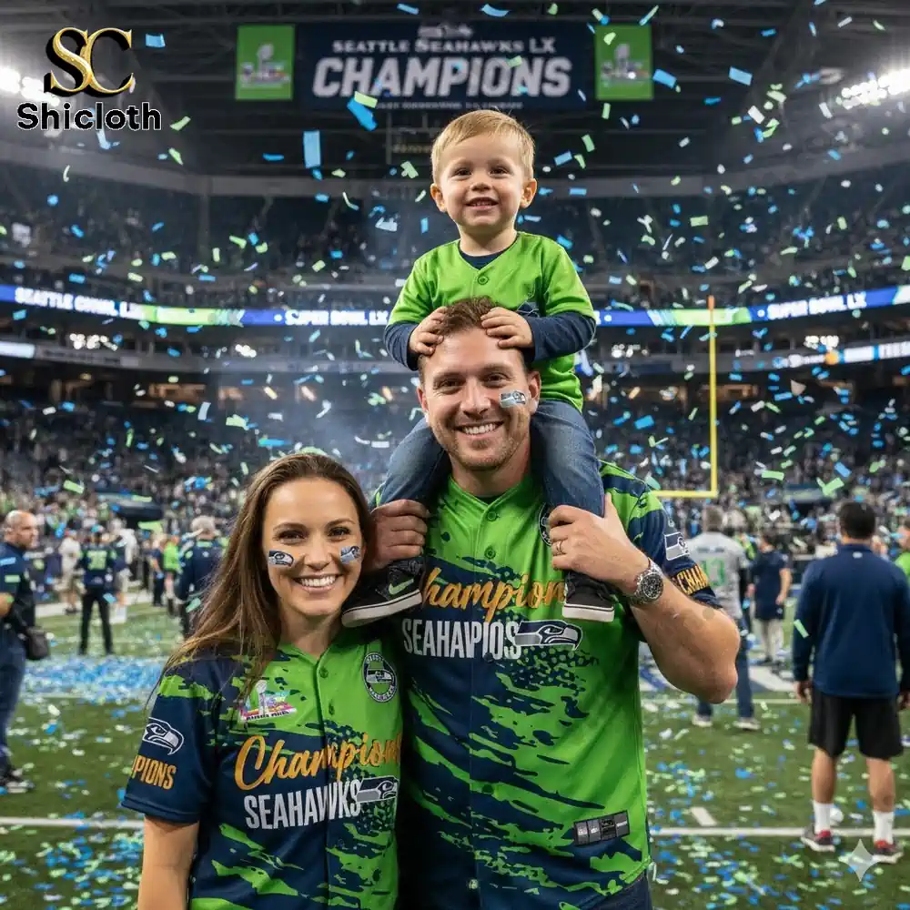 Customized Super Bowl LX Commemorative Ticket 38 Family wearing Seattle Seahawks Champions shirts celebrating on the football field with confetti.