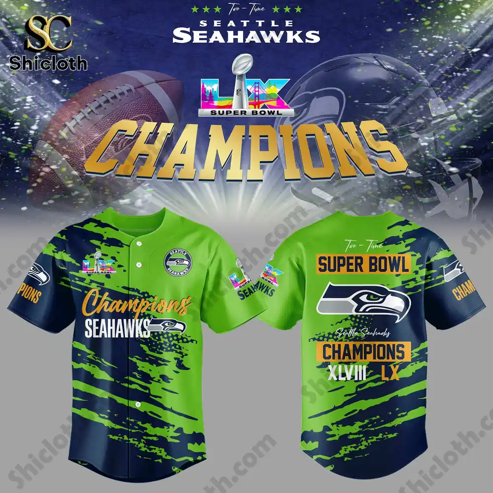 Seattle Seahawks Super Bowl Champions shirt design showing front and back views.