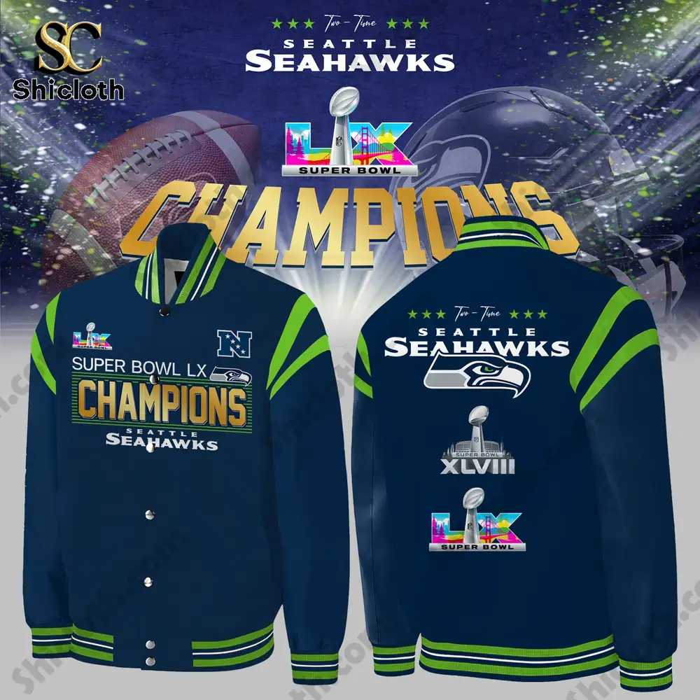 Seattle Seahawks Champions jacket shown front and back with a football themed background and large Champions text.