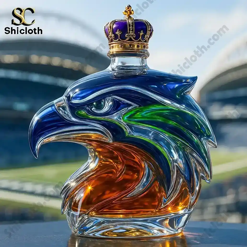 Alt text Crowned eagle head whiskey bottle displayed near stadium!