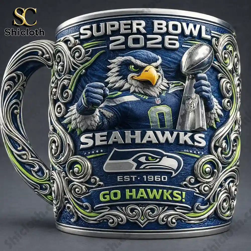 Seattle Seahawks Super Bowl 2026 themed metal beer mug with eagle mascot design.