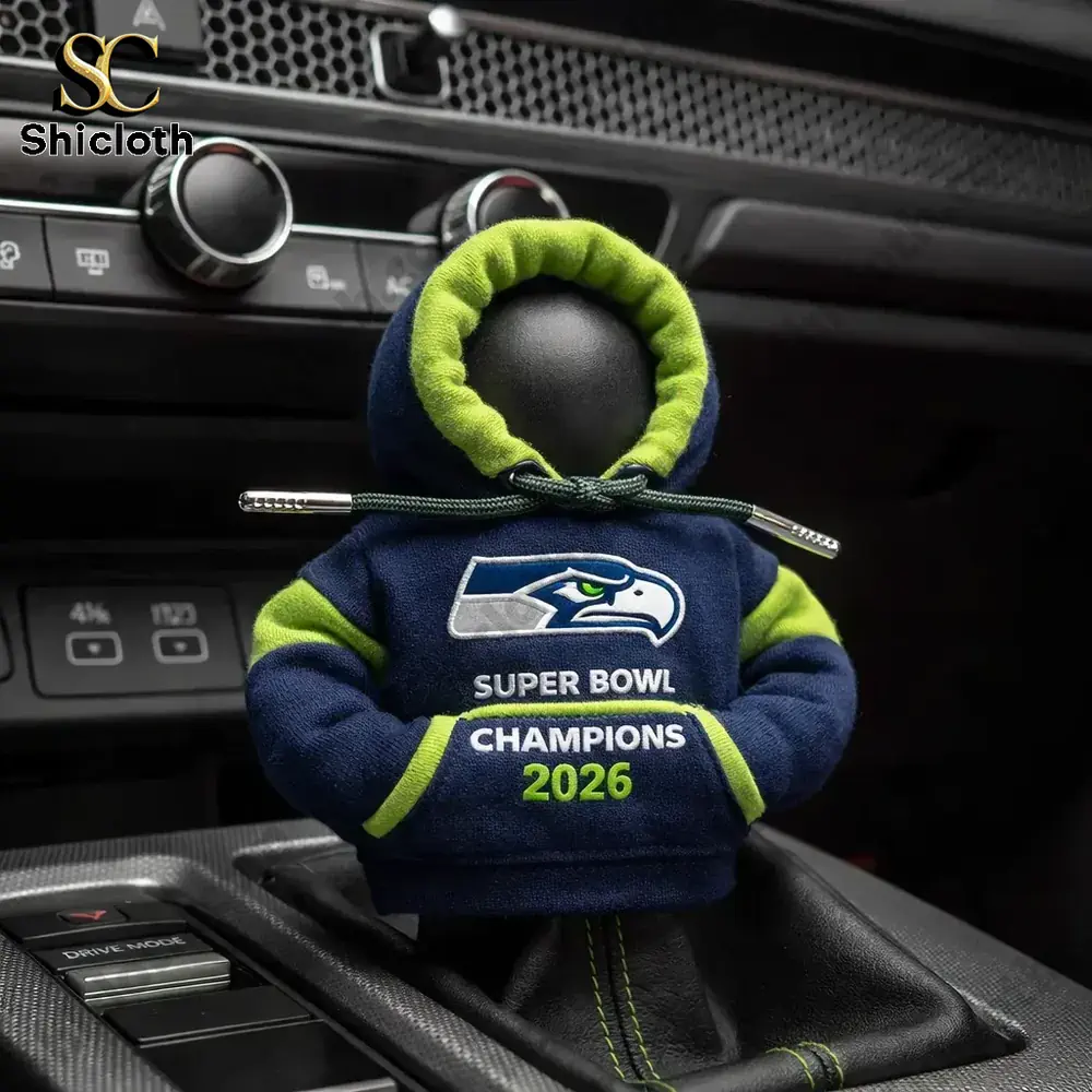 Close up of Seattle Seahawks Super Bowl 2026 Champions gear shift hoodie in car interior
