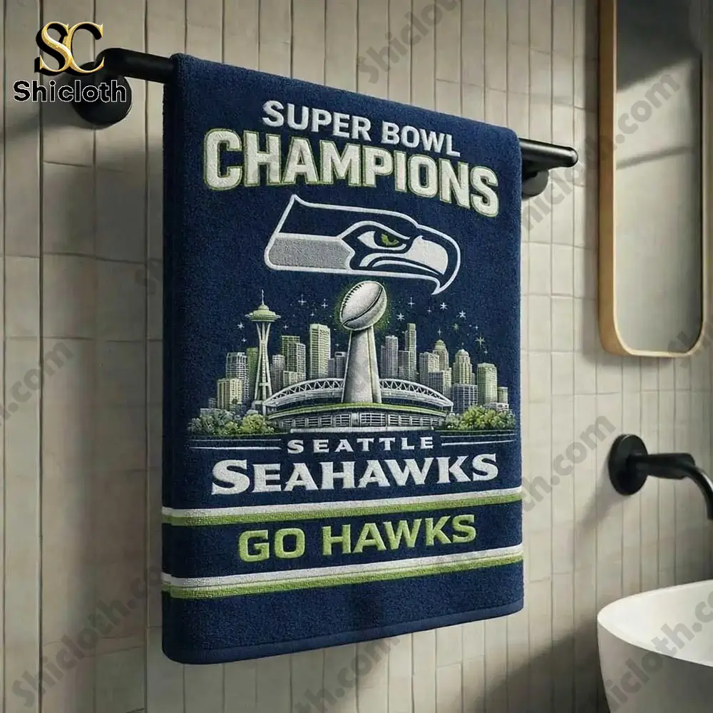 Seattle Seahawks Super Bowl Champions towel hanging on a bathroom wall!