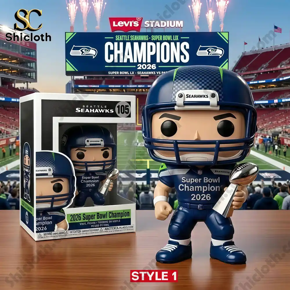Customized Super Bowl LX Commemorative Ticket 44 Seattle Seahawks Super Bowl Champion 2026 collectible figure holding trophy in stadium background.