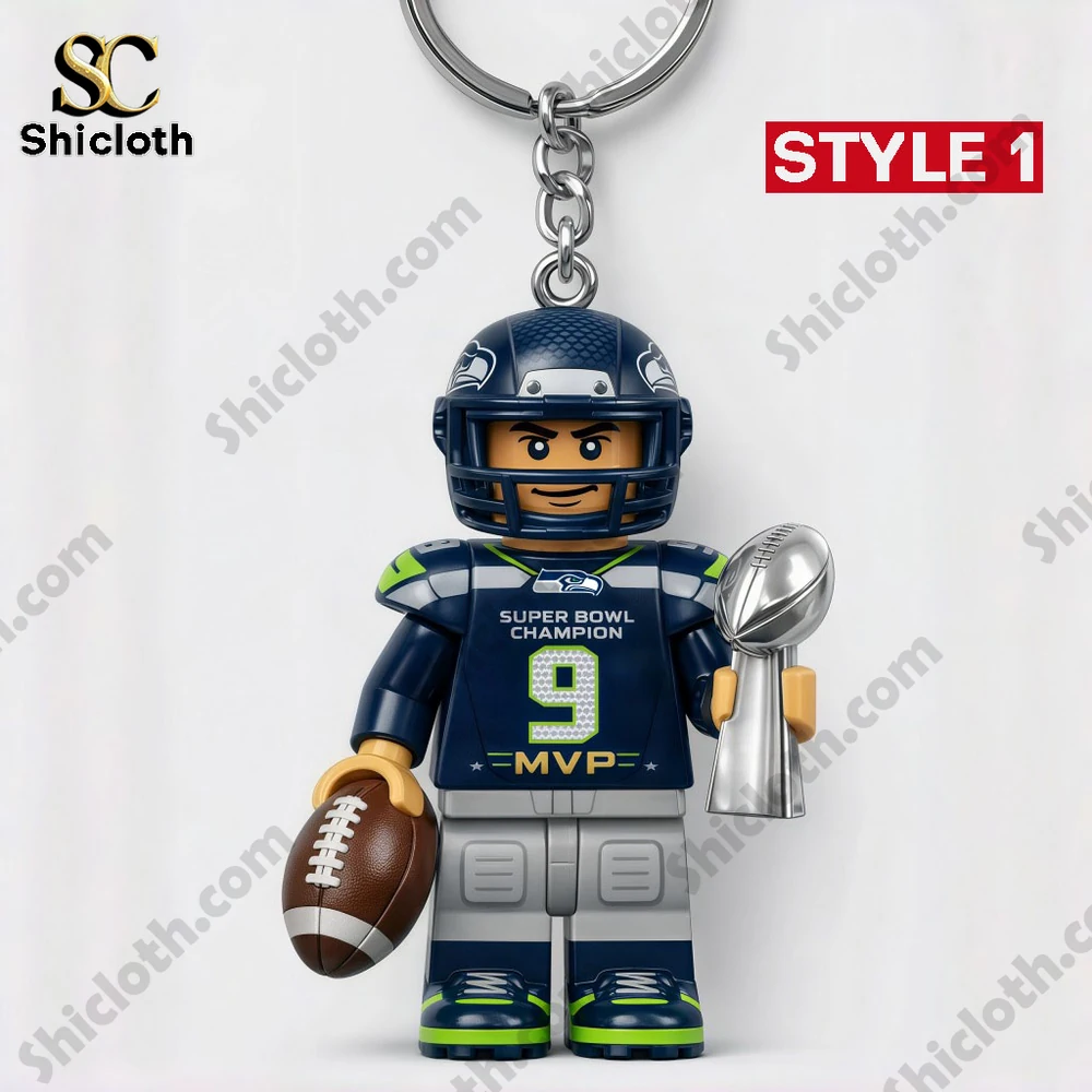 Seattle Seahawks Super Bowl Champion keychain featuring MVP player with football and trophy in hand.
