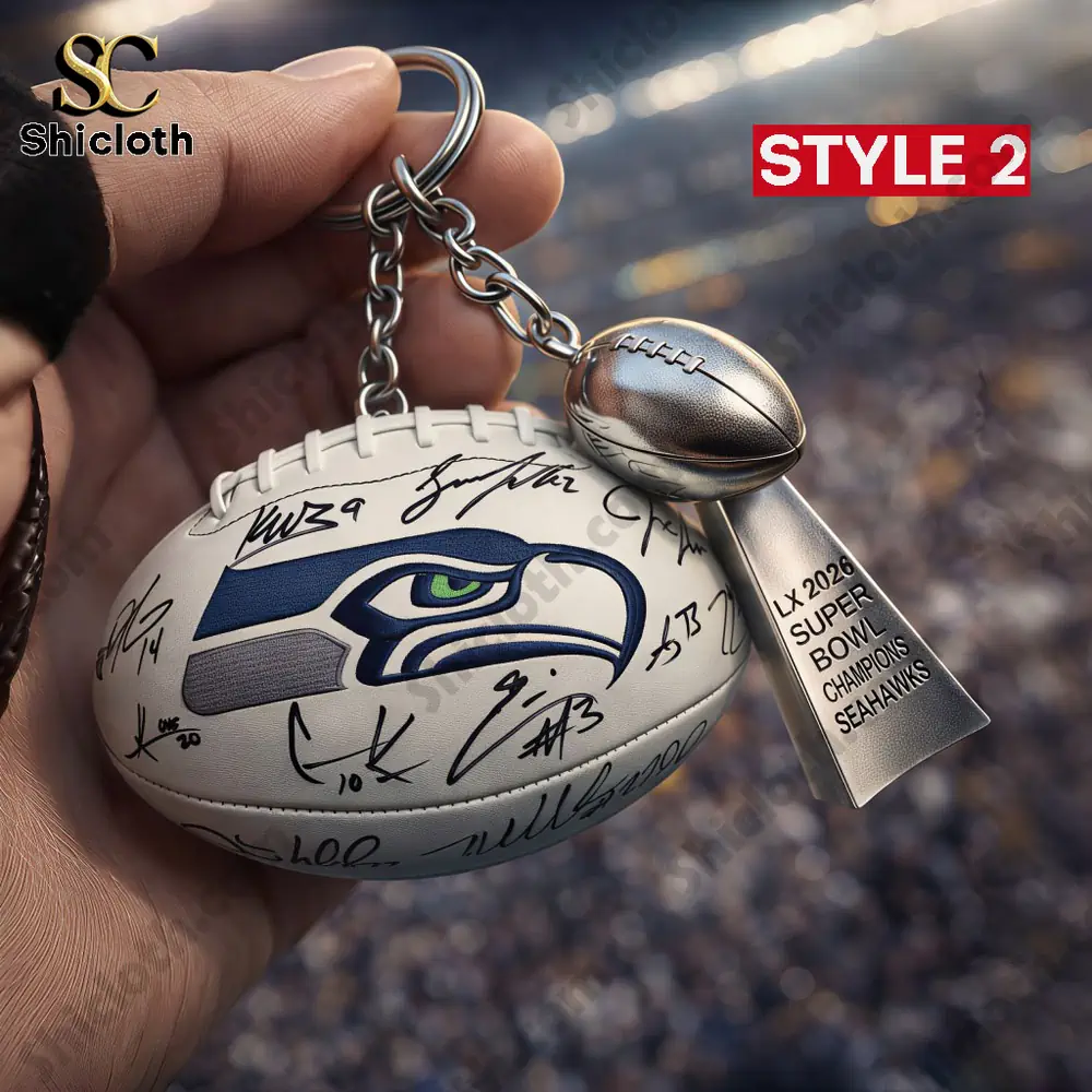 Seattle Seahawks Super Bowl LX 2026 keychain with signed football and championship trophy.