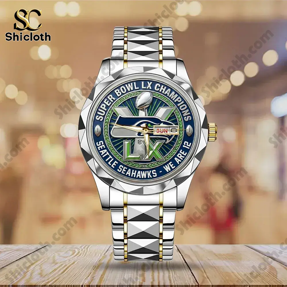 Super Bowl LX Champions watch with Seattle Seahawks logo and details.