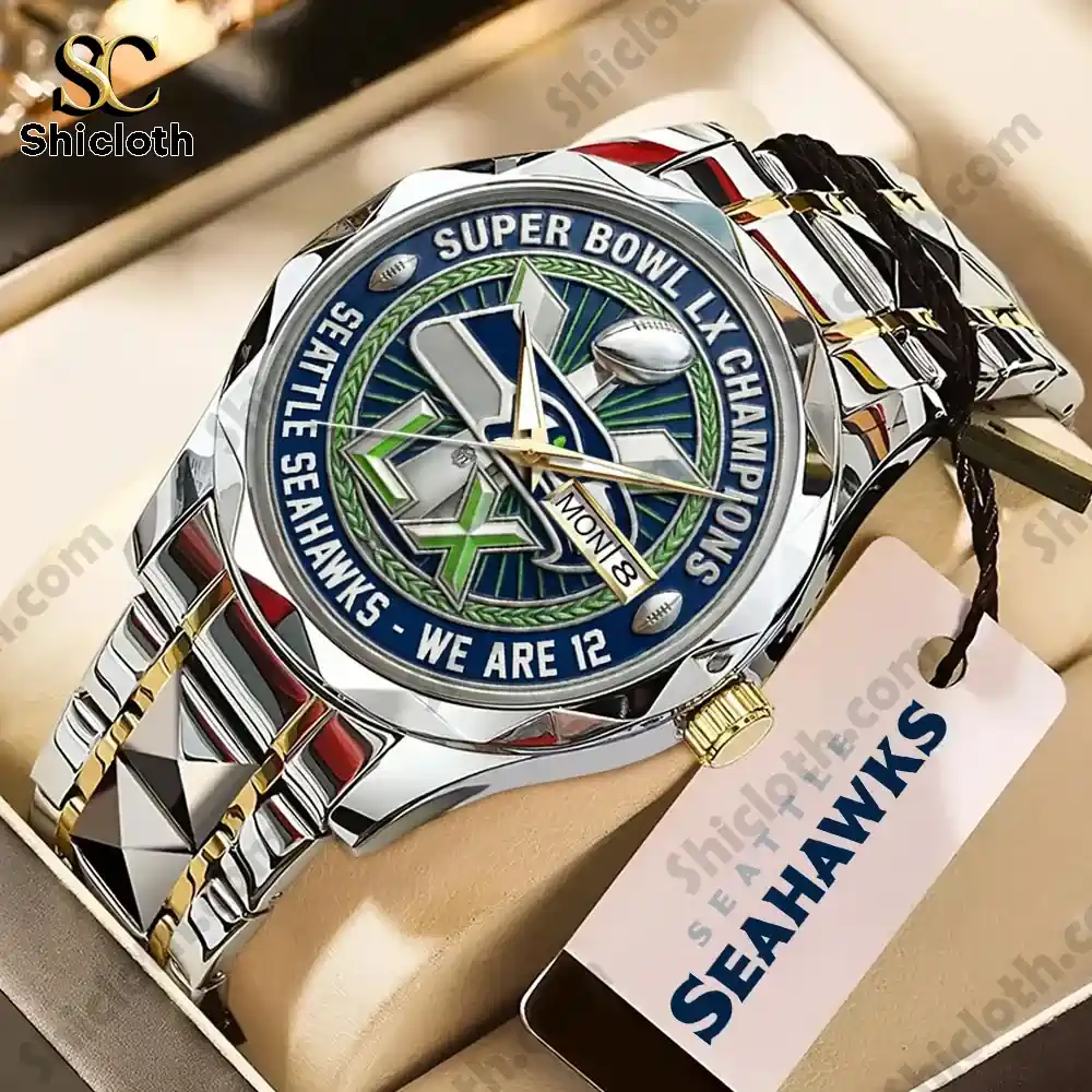 Super Bowl LX Champions watch inside a box with a Seattle Seahawks tag.