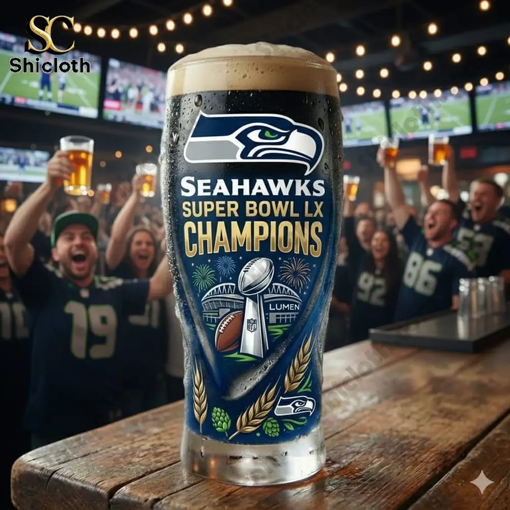 Seattle Seahawks Super Bowl champions beer glass on wooden table in cheering sports bar!