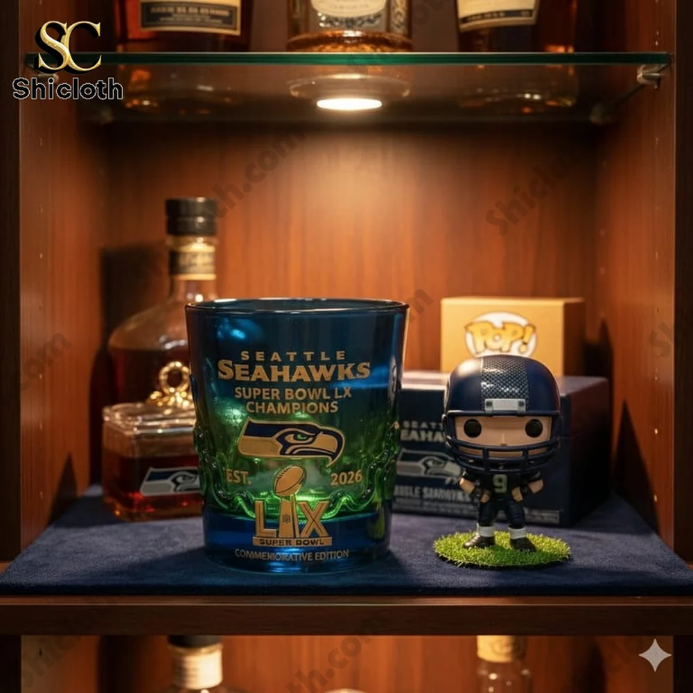 Seattle Seahawks Super Bowl LX commemorative whiskey glass on display shelf!