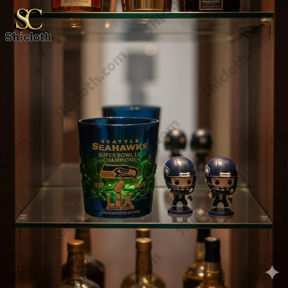 Seattle Seahawks Super Bowl LX Champions 2026 Communicative Edition Whiskey Glass 3 Seattle Seahawks Super Bowl LX whiskey glass with football figures!