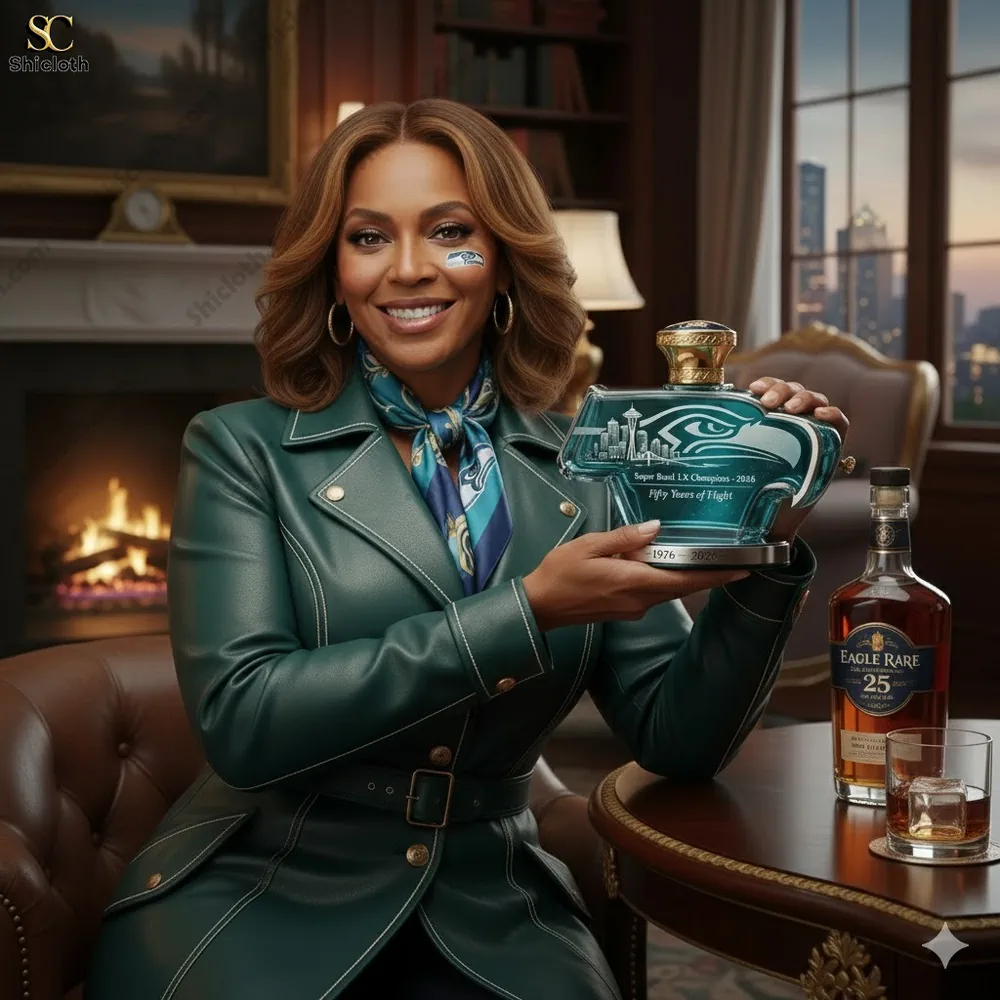 Customized Super Bowl LX Commemorative Ticket 34 Elegant woman holding commemorative Seattle Seahawks whiskey bottle indoors!