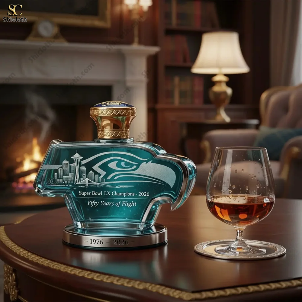 Close up of Seattle Seahawks commemorative whiskey bottle with glass on table!
