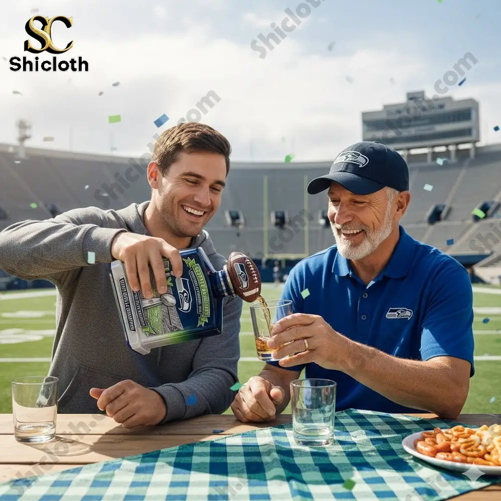 Customized Super Bowl LX Commemorative Ticket 40 Two men pour whiskey from a Seattle Seahawks themed decanter at a football stadium celebration!