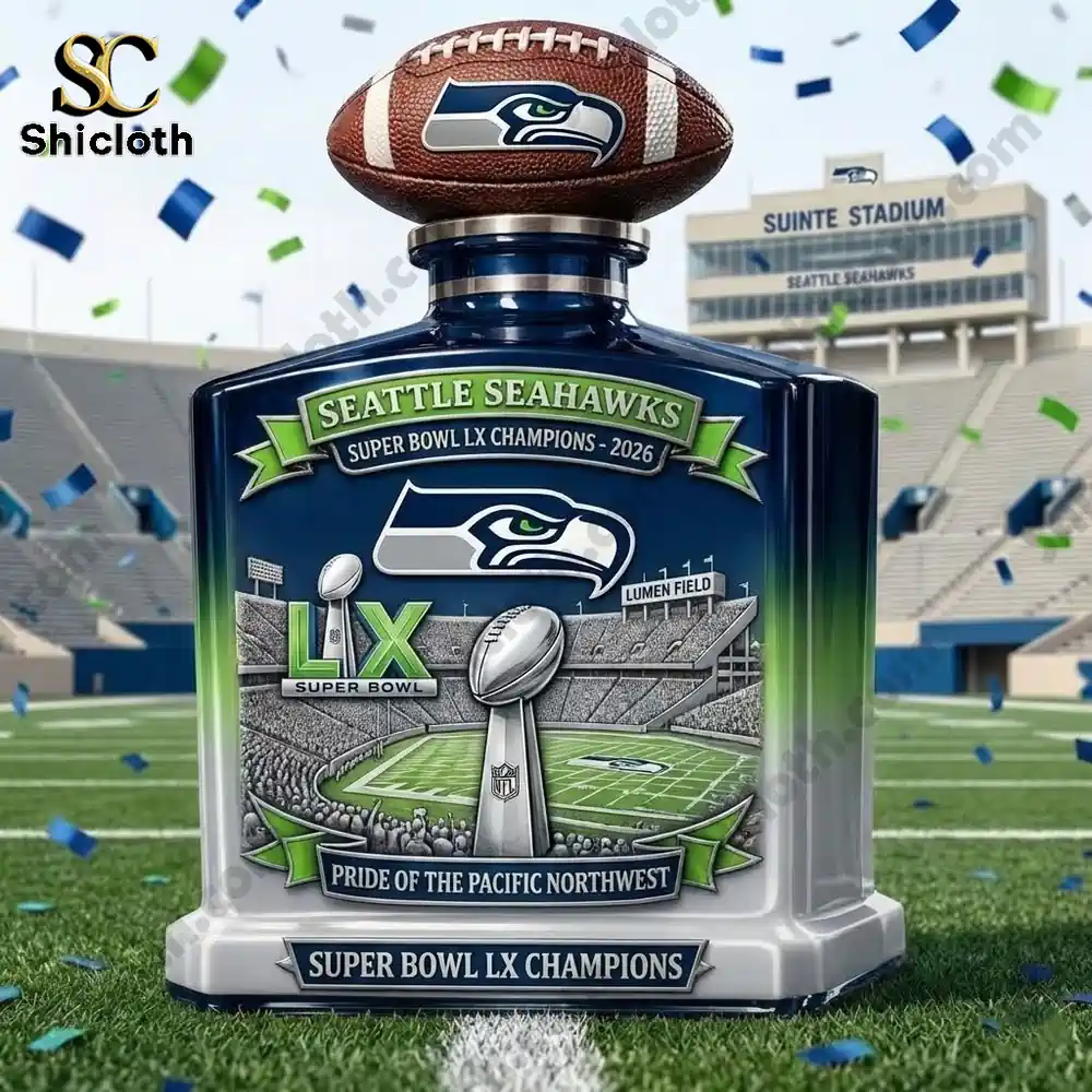 Close up of a Seattle Seahawks Super Bowl LX Champions 2026 decanter with football topper!