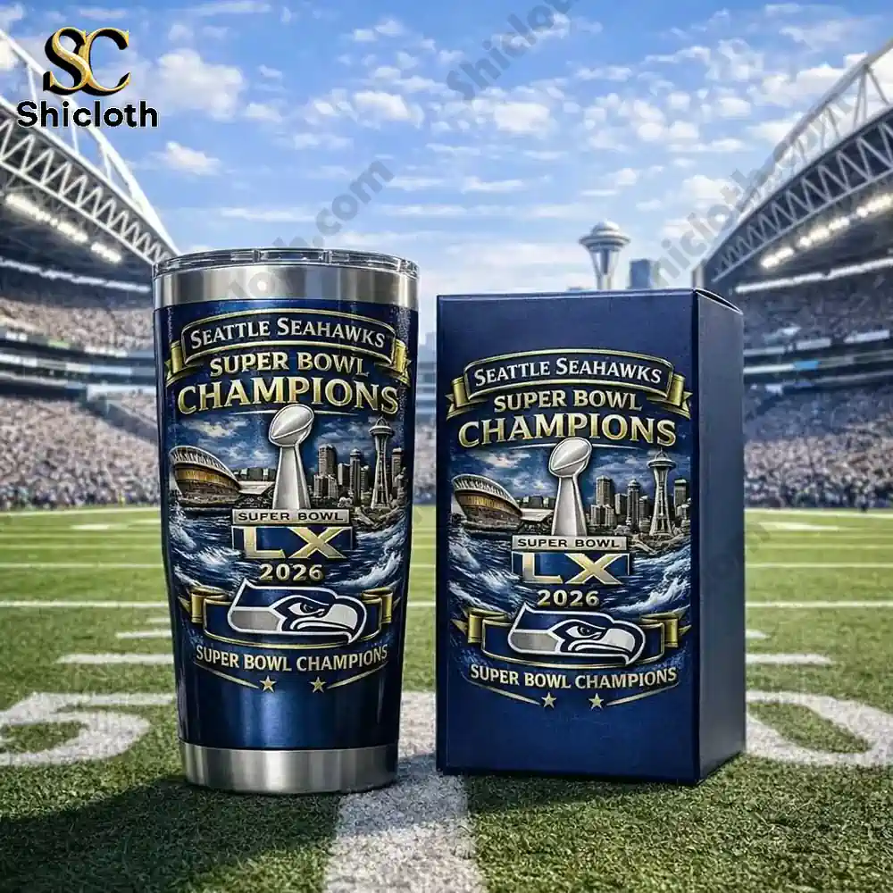 Seattle Seahawks Super Bowl LX 2026 champions tumbler with gift box on football field!