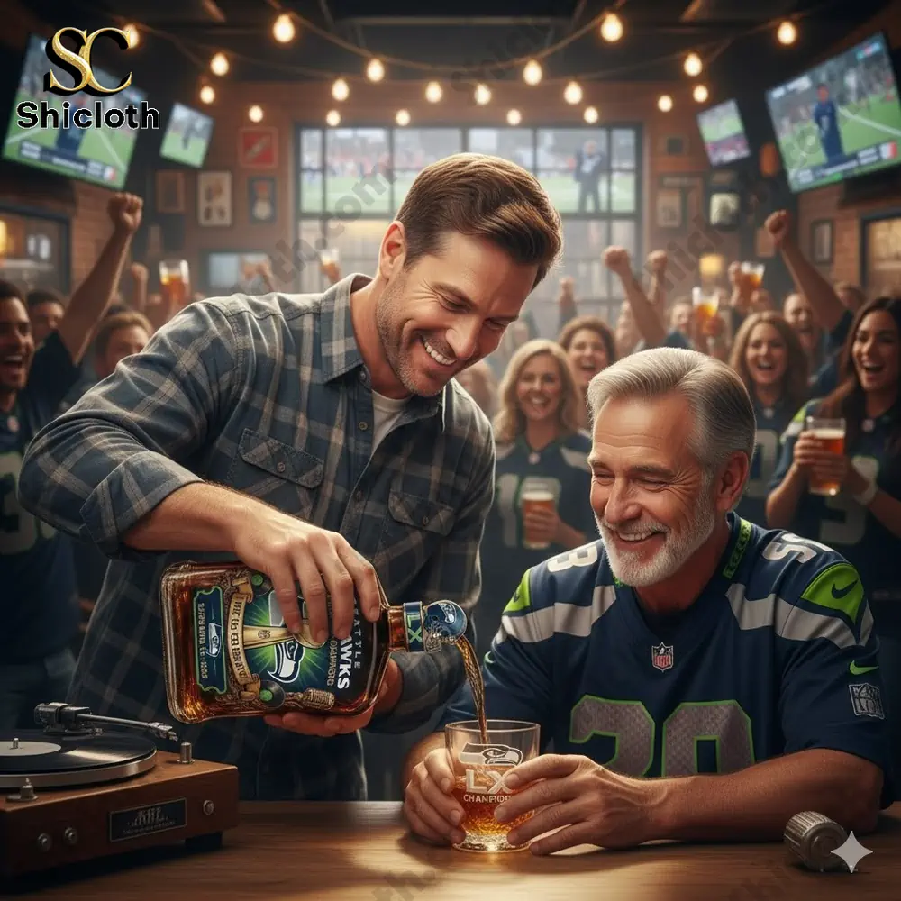 Seattle Seahawks We Are 12 Super Bowl Pen 18 Man pouring Seattle Seahawks whiskey into a glass at a sports bar celebration.