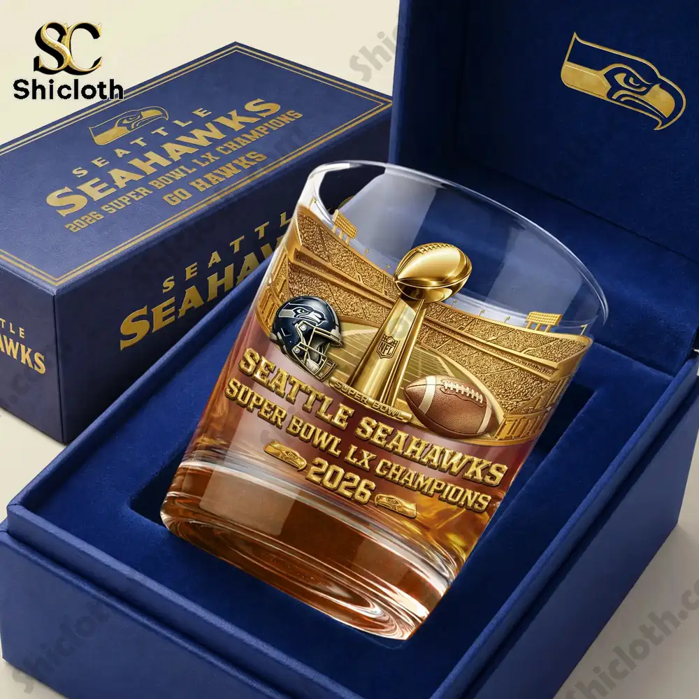Seattle Seahawks Super Bowl LX Champions 2026 Whiskey Glass 3 Seattle Seahawks Super Bowl LX Champions 2026 whiskey glass in a premium gift box.