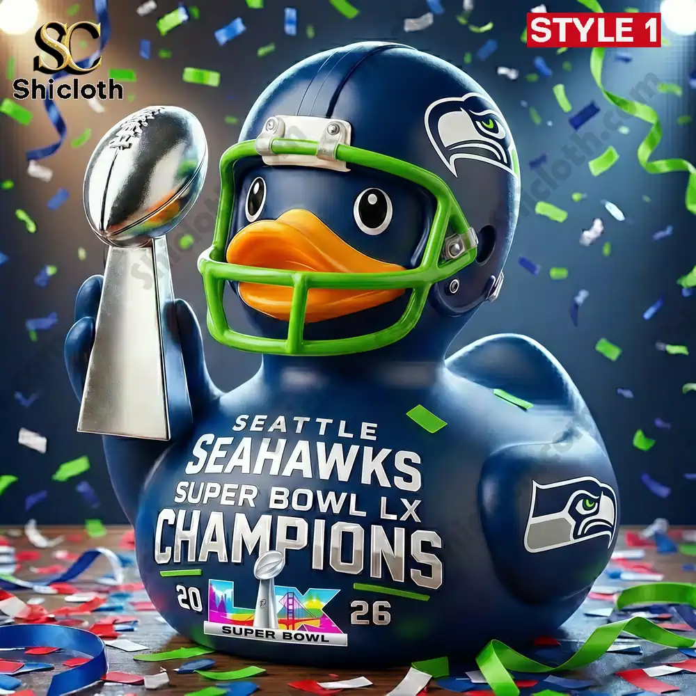 Customized Super Bowl LX Commemorative Ticket 42 Seattle Seahawks themed rubber duck wearing a football helmet and holding a trophy.