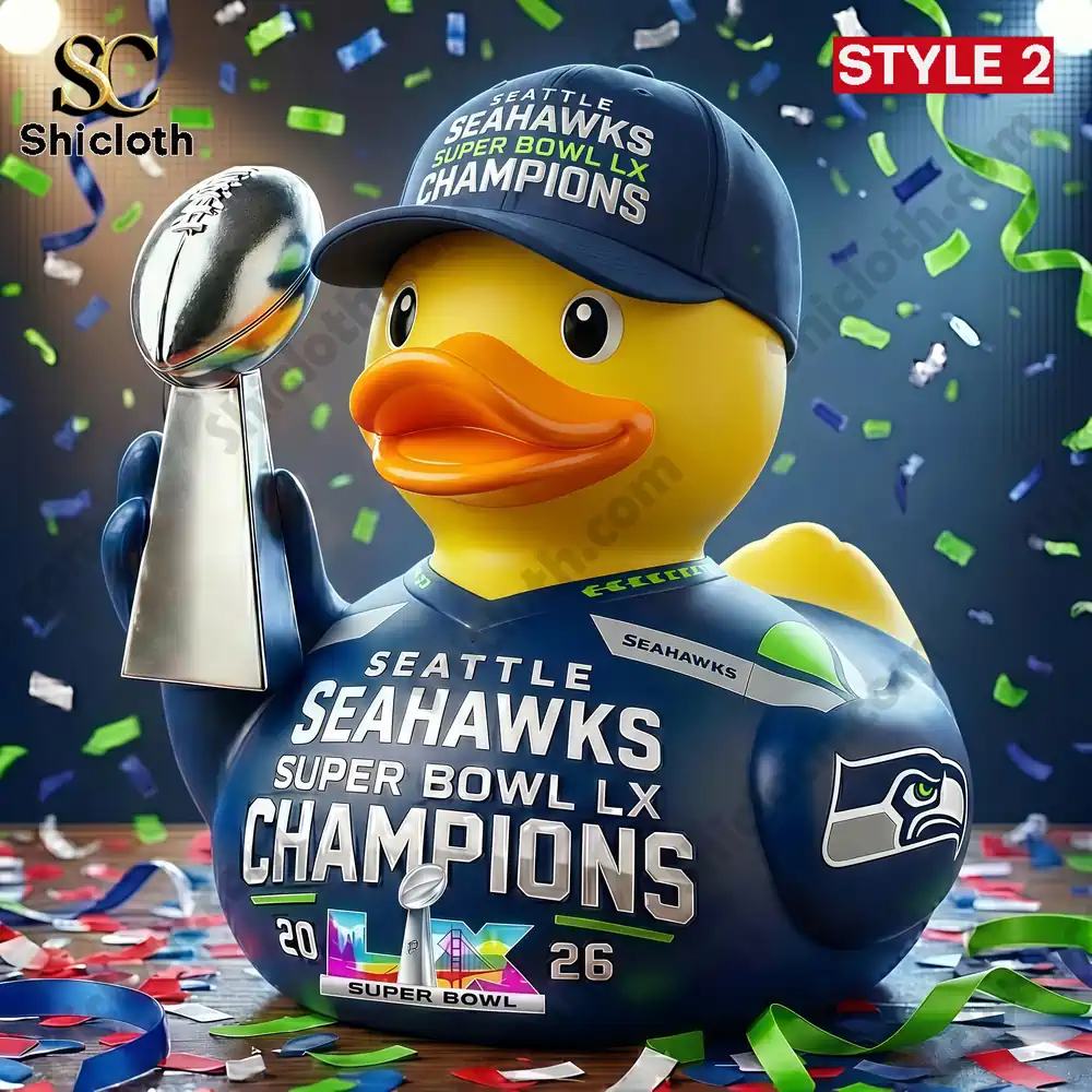 Seattle Seahawks rubber duck wearing a champion cap and holding a trophy with confetti background.