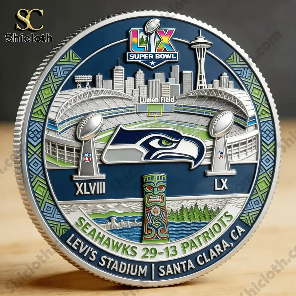 Front view of Super Bowl LX commemorative coin featuring Seattle Seahawks logo and stadium design