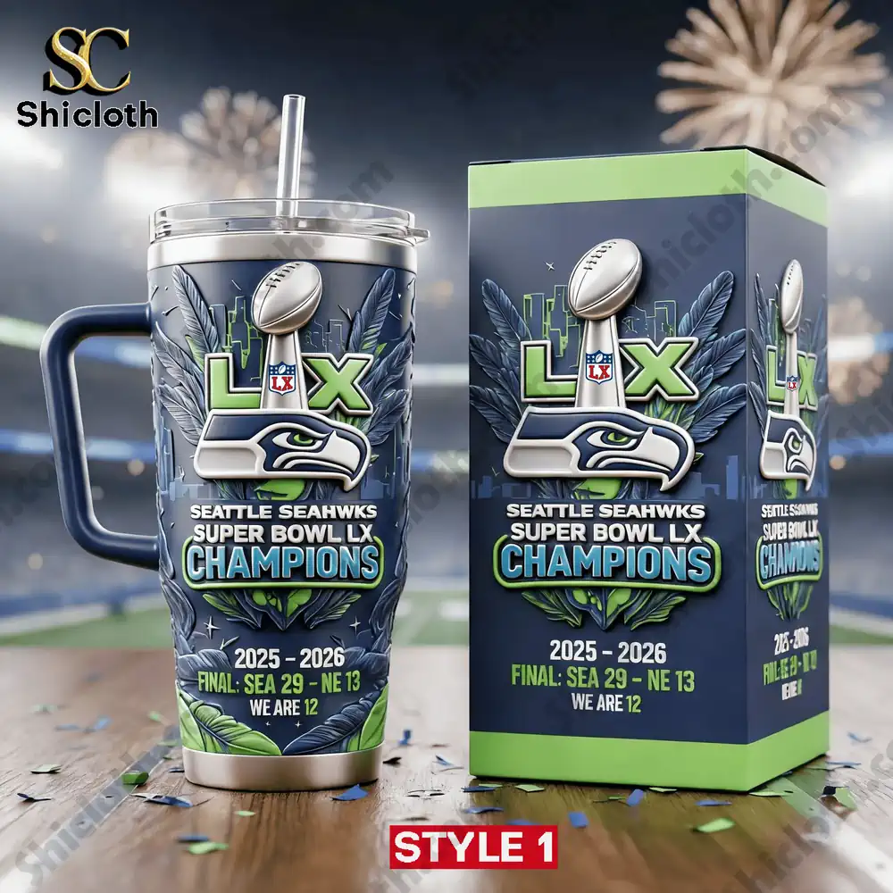 Seattle Seahawks Super Bowl LX Champions 2026 Victory Pride Tumbler 3 Seattle Seahawks championship mug with matching gift box.