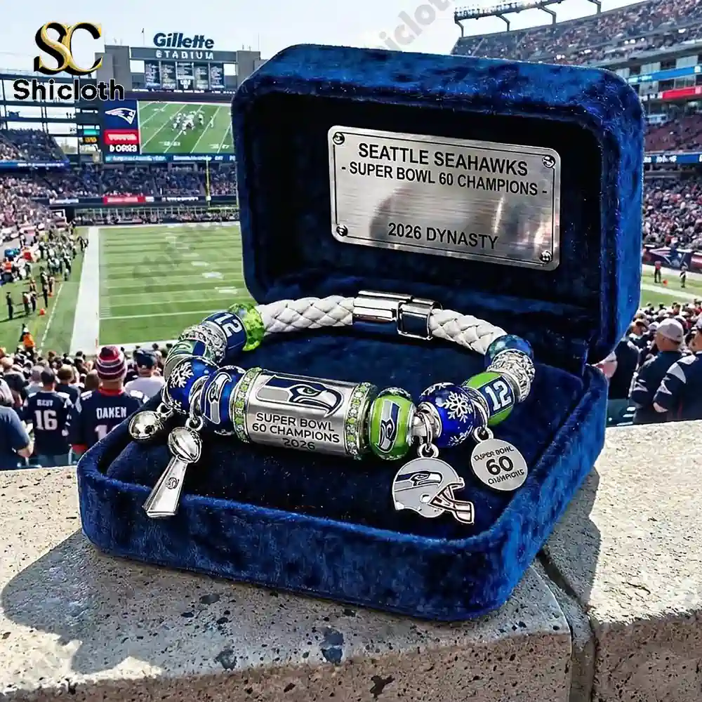 Seattle Seahawks Super Bowl 60 Champions bracelet in a blue velvet gift box at a football stadium!