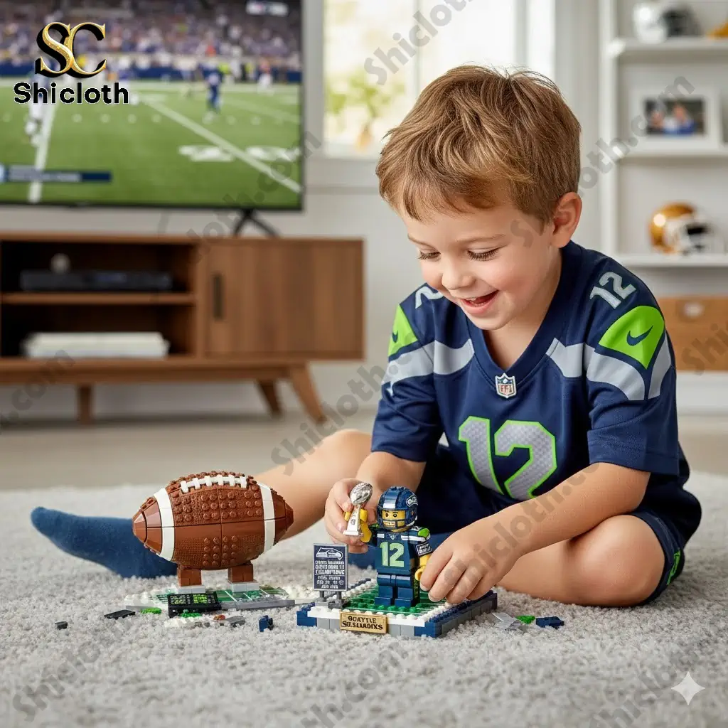 Boy wearing a Seattle Seahawks jersey playing with a Seahawks brick football trophy set on a living room carpet!