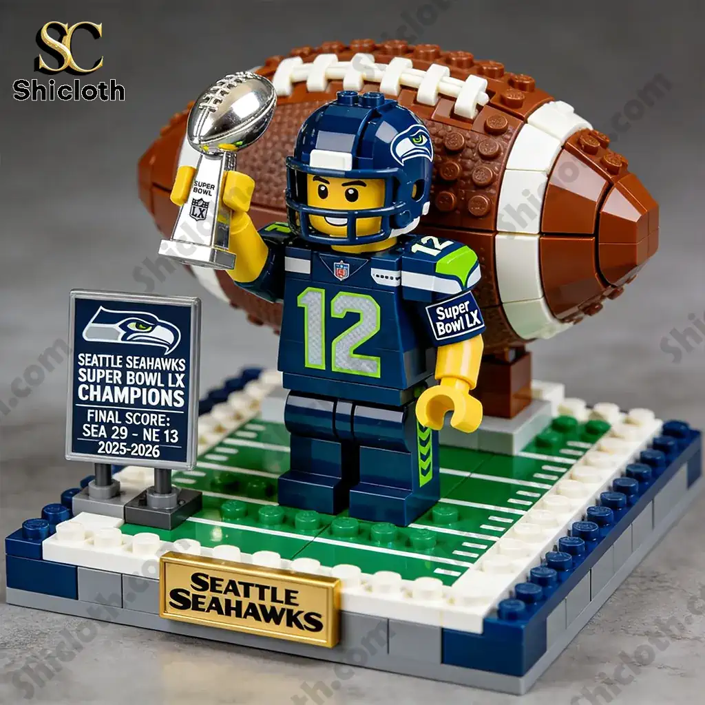 Close up of Seattle Seahawks brick figure holding a trophy with a football display and championship sign!