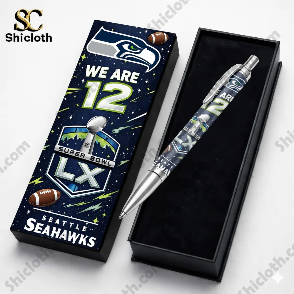 A Seattle Seahawks themed gift pen displayed in an open premium box!
