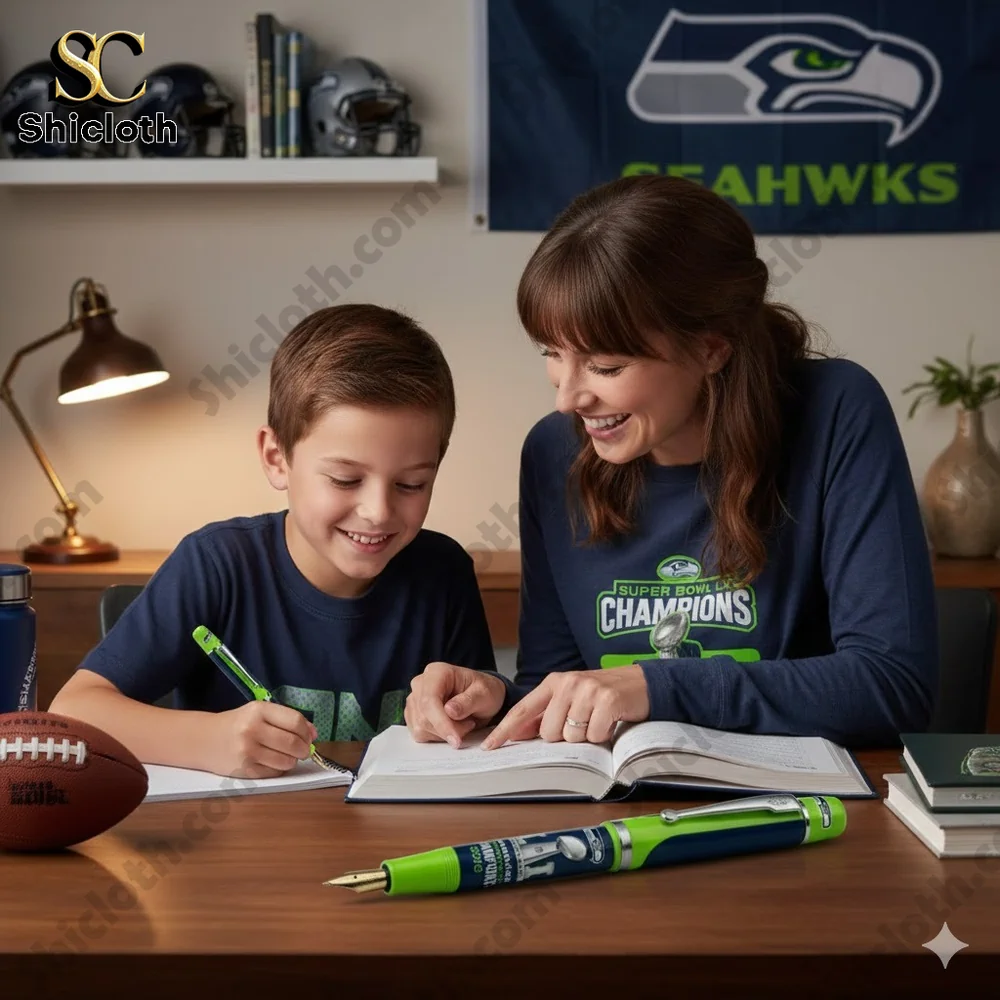 Black History Month Commemorative Edition Pen 8 Mother helping her son study at a desk with Seattle Seahawks decor.