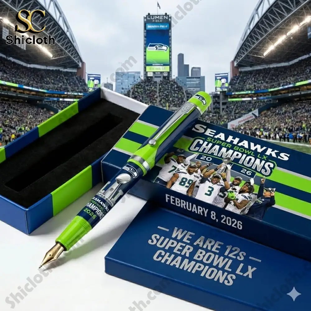 Seattle Seahawks We Are 12s - Super Bowl Lx Champions Pen 4 Seattle Seahawks themed fountain pen gift set displayed in front of a crowded stadium.