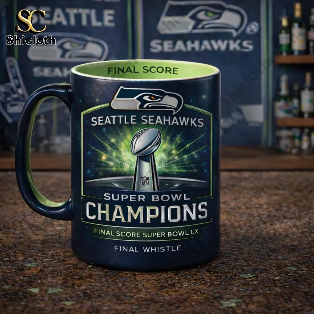 Seattle Seahawks Super Bowl Champions mug with trophy graphic and green glow background!