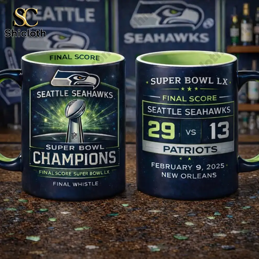 Seattle Seahawks Super Bowl LX final score mug showing twenty nine versus thirteen against Patriots!