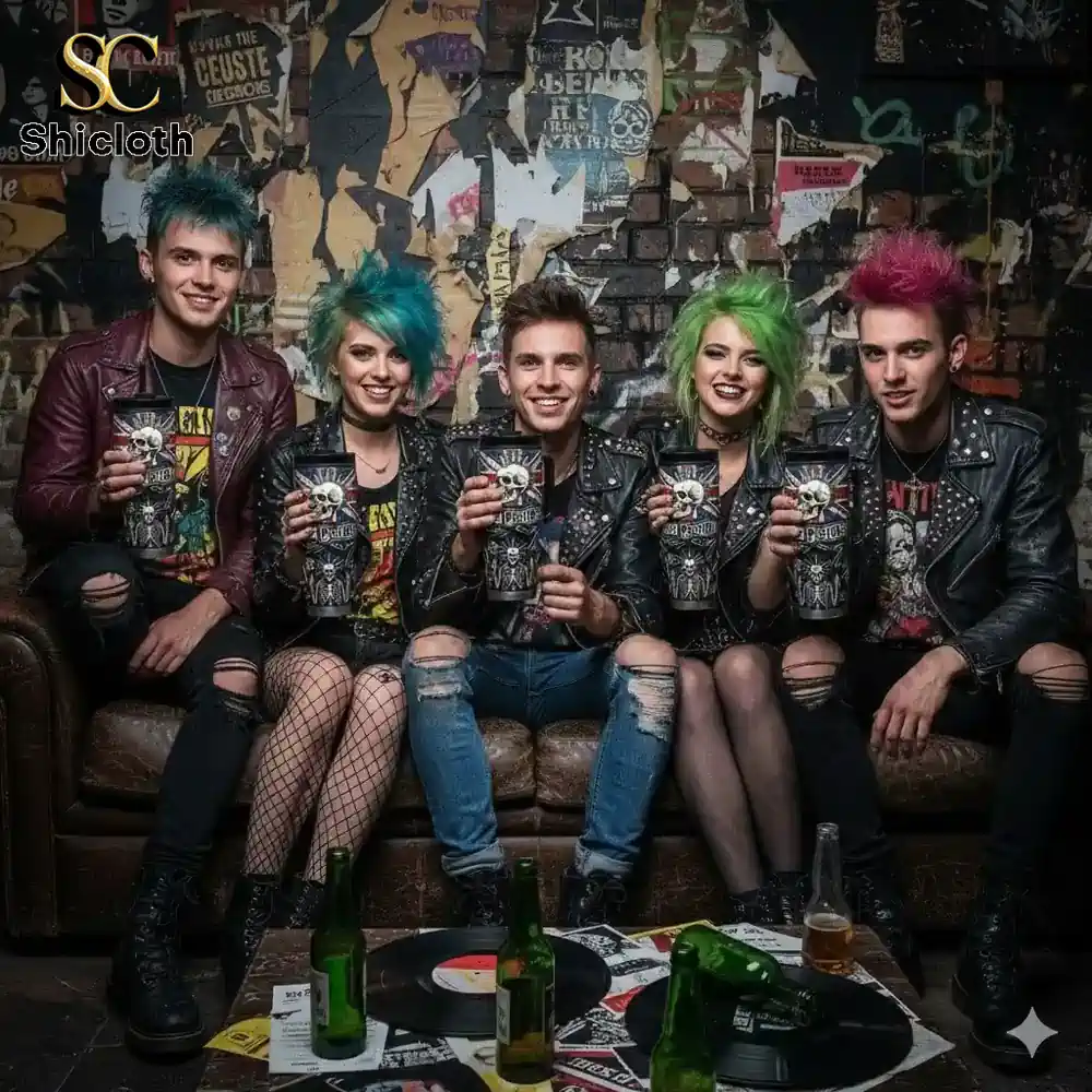 Punk style group holding rock band tumblers on a sofa!