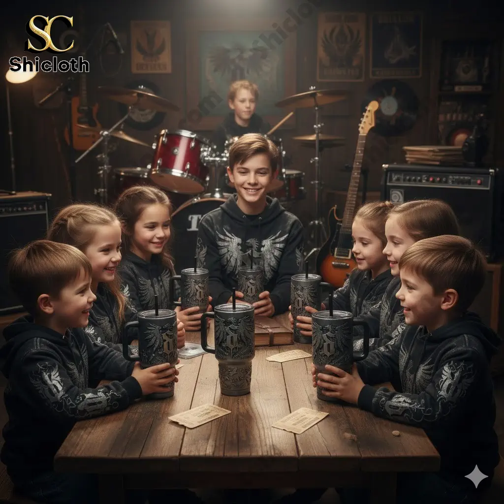 Oregon Ducks 131st Anniversary Tribute Tumbler 45 Kids sitting around a wooden table holding matching metal tumblers in a music studio!