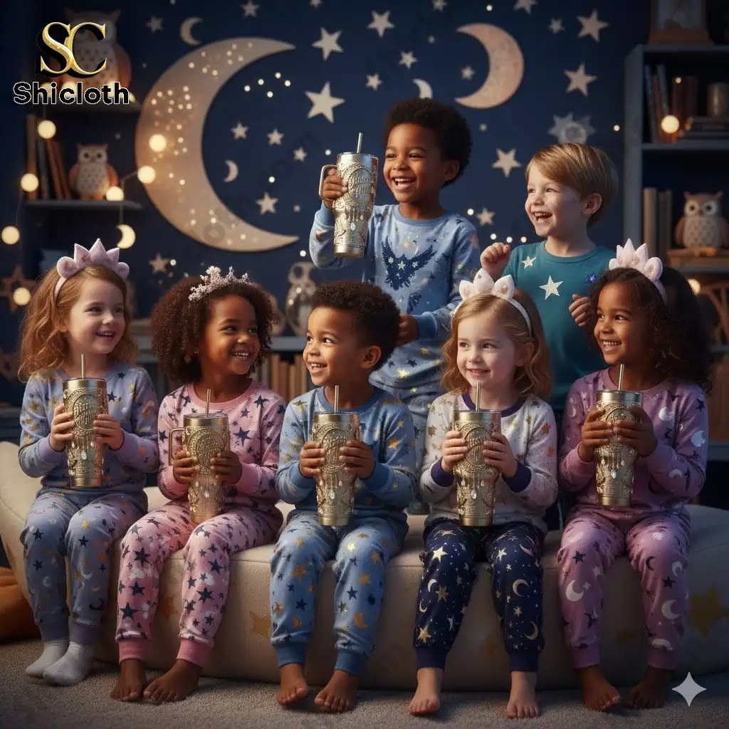 Oregon Ducks 131st Anniversary Tribute Tumbler 43 Kids in star and moon pajamas holding matching Sister of the Moon tumblers in a cozy night themed room!