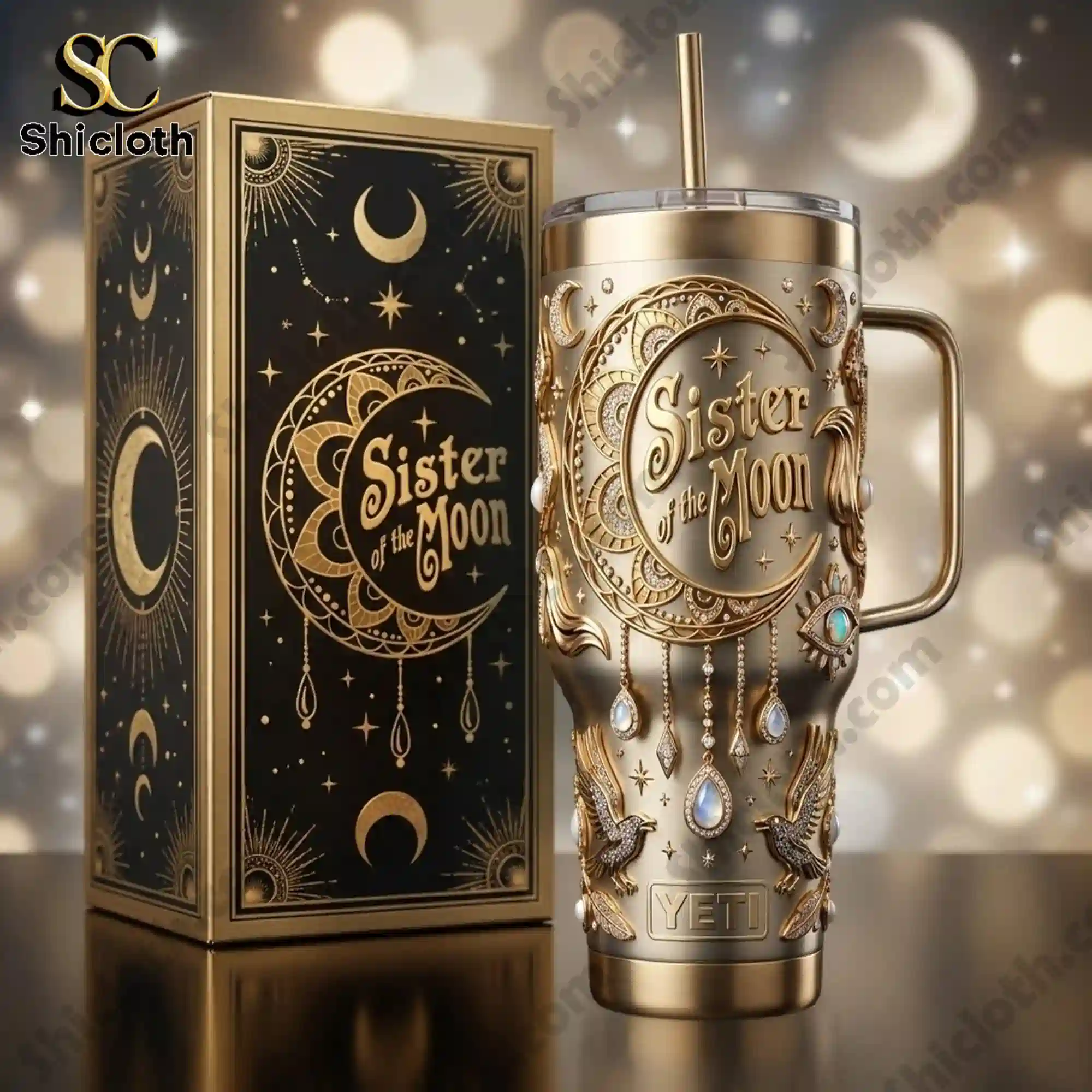 Sister of the Moon gold tumbler with handle displayed beside matching celestial gift box!