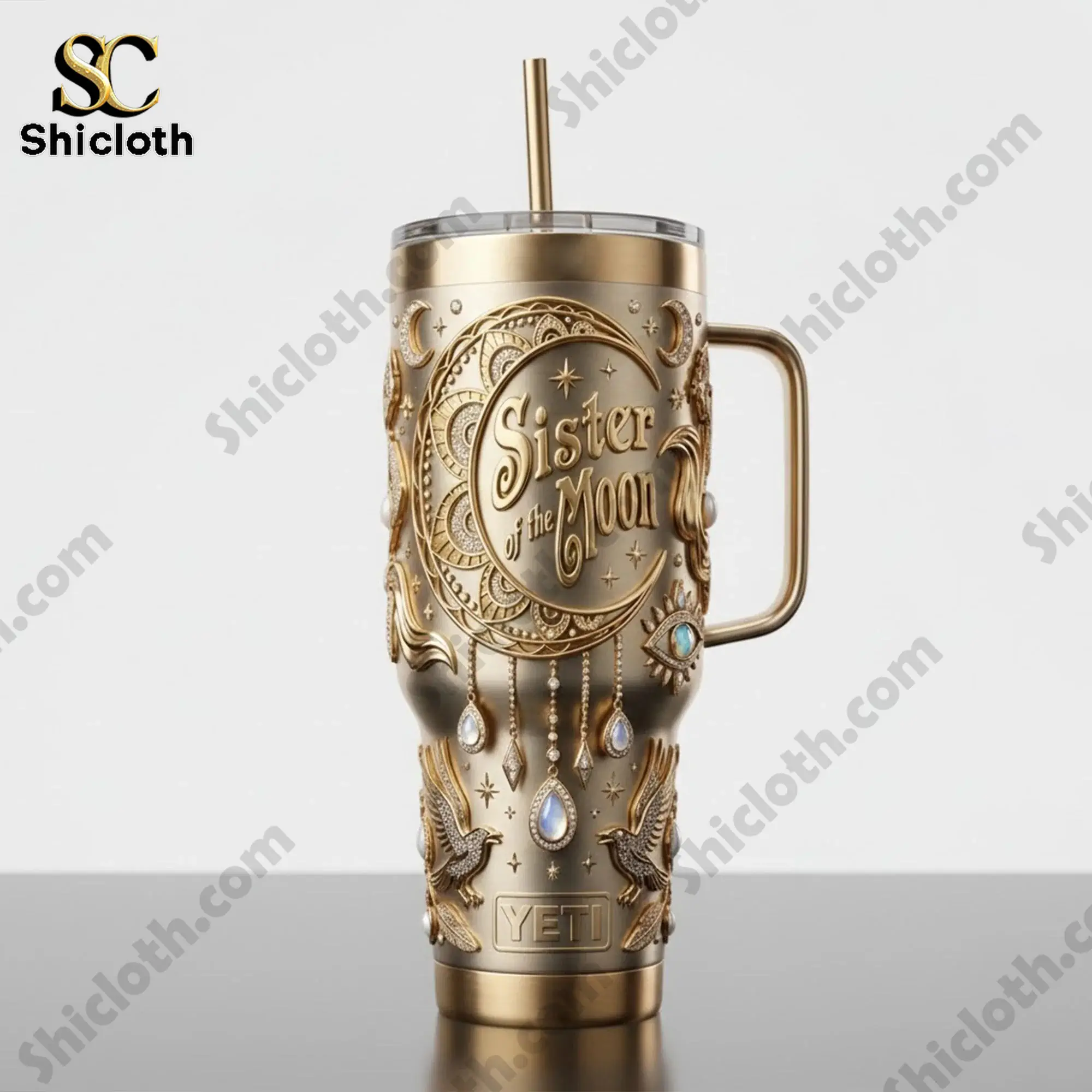 Sister of the Moon Celestial Gold Goddess 40oz Tumbler With Handle 3 Sister of the Moon gold tumbler with handle and straw on a clean white background!