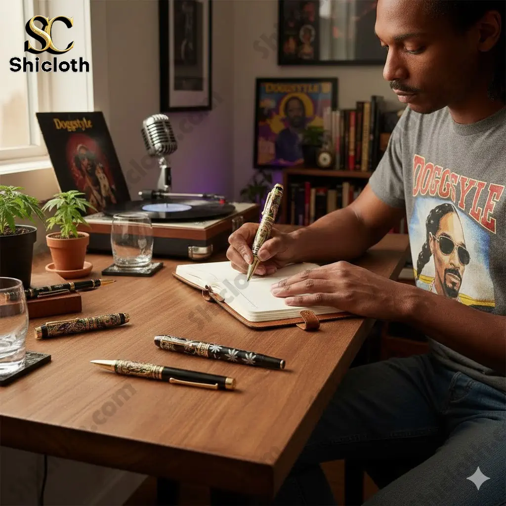 Man writing in notebook with Snoop Dogg themed pen at wooden desk